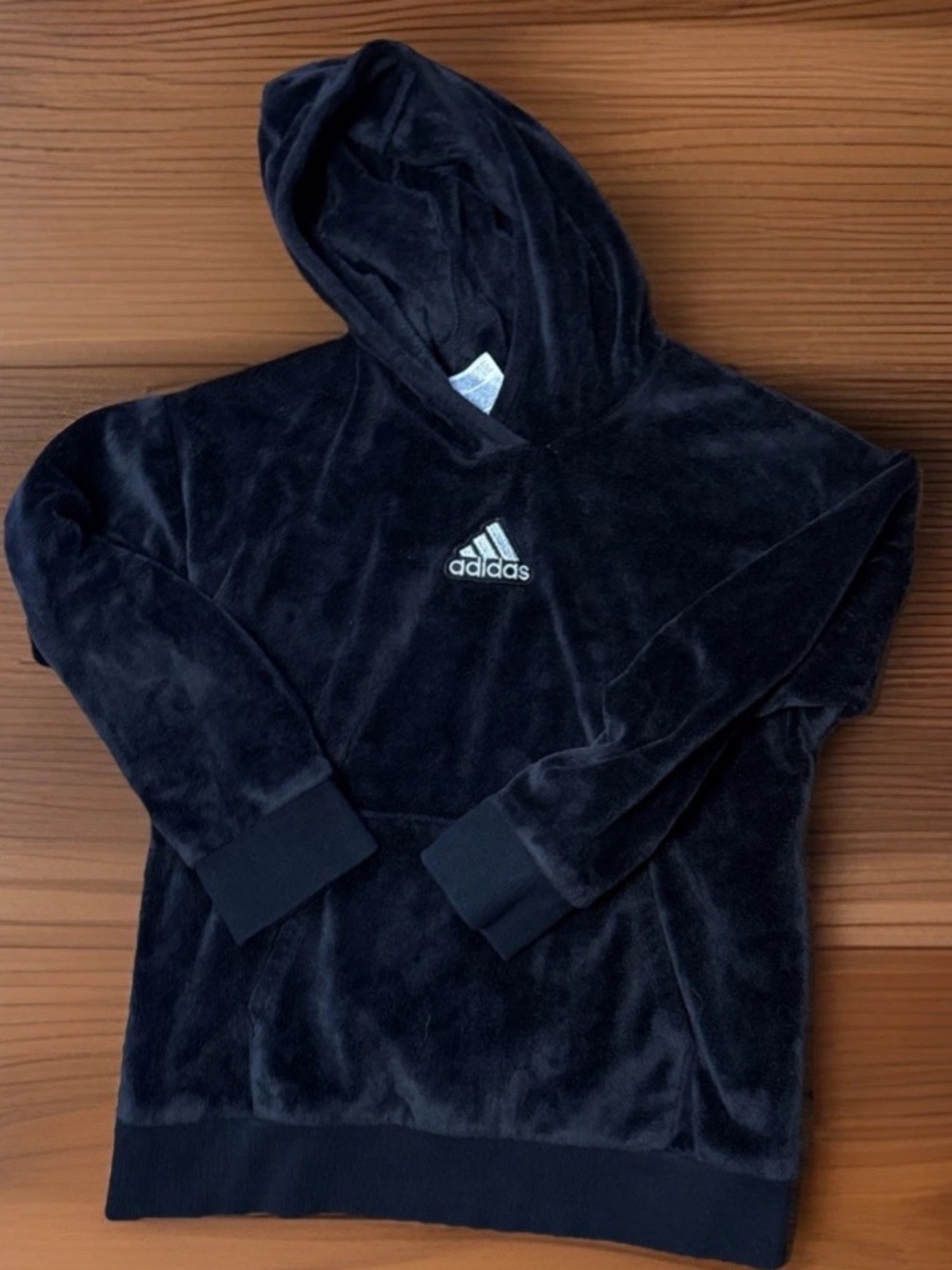 adidas Youth Large Black Plush Hoodie with White Trefoil Logo